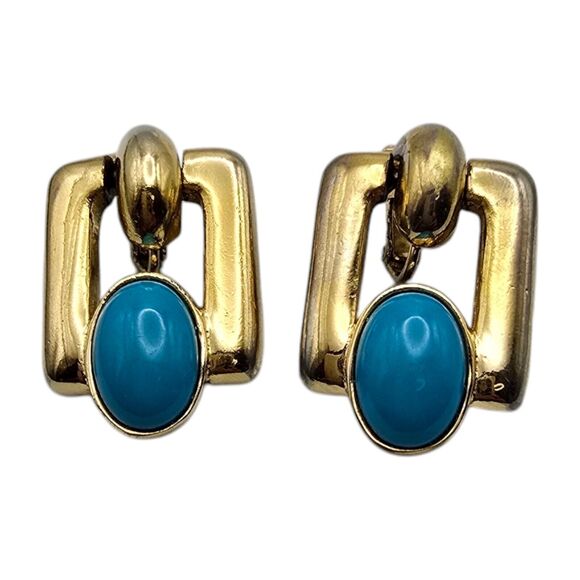 Vintage Bergére Clip On Earrings Light Blue Oval Bead Square Design Gold Tone - Picture 1 of 5